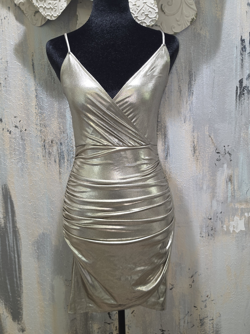 Metallic Gold & Black Ruched Cross-Front Slip Party Dress Size Small